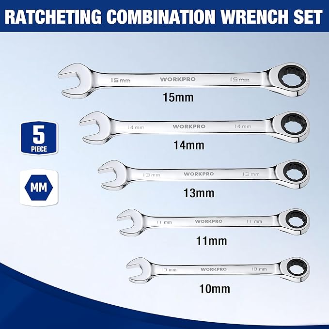 WORKPRO Ratcheting Wrench Set, Metric, 5-piece Ratcheting Combination Wrench Set, 10mm, 11mm, 13mm, 14mm, 15mm, 12-Point, CR-V Steel, with Organizer Rack