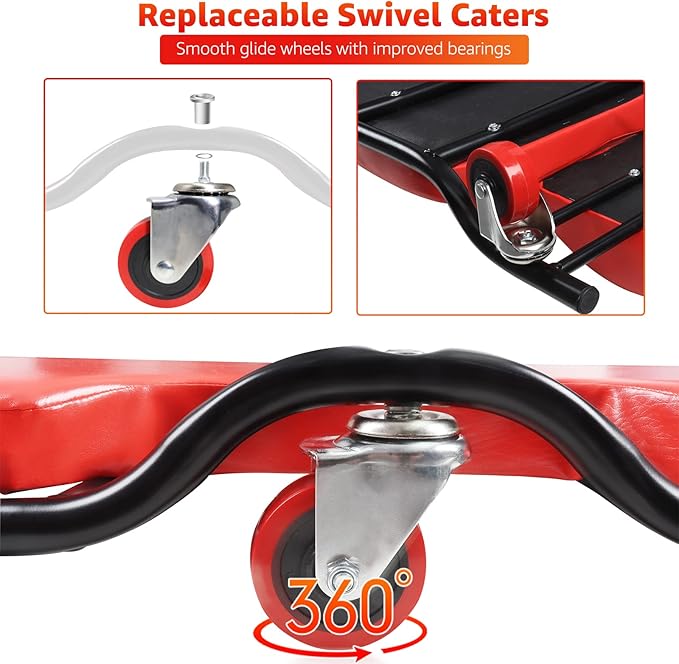 BESTOOL 44Inches Mechanic Creeper- Automotive Garage Creeper with 6 Sturdy Casters, Metal Frame Mechanic Creeper, Low Profile Design with Headrest, Red