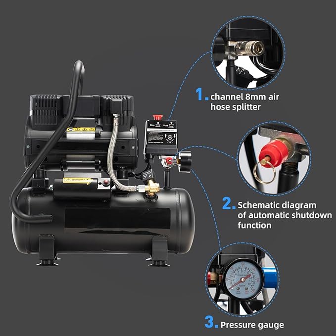 Air Compressor, 2.0 Gallon, 1.0 HP Oil Free, Max 115 PSI, 65dB Ultra Quiet, for Auto Repair, Tire Inflation, Spray Painting, Woodwork Nailing
