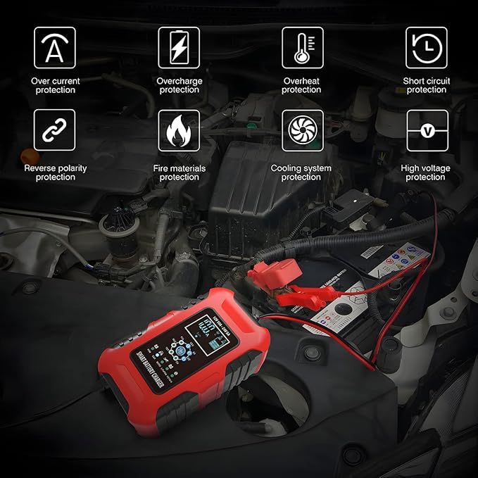 10-Amp Battery Charger, 12V/10A 24V/5A Smart Automatic Maintainer Trickle Charger with Temperature Compensation, 7 Stage Lead Acid AGM LiFePO4 Battery Charger for Cars Motorcycles Boats