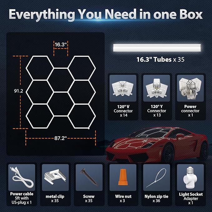 Hexagon Garage Lights: 245W 35 Pack 8 Grids LED Garage Lights - Easy Install 6500K Super Bright Honeycomb Light for Warehouse, Car Detailing Shop, Exhibition Hall, Gym