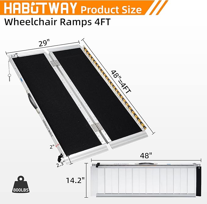 HABUTWAY 4ft Wheelchair Ramps for Home Steps, Portable Wheelchair Ramp Holds up to 800Lbs, Threshold Ramp with Non-Slip Resistant Surface, Ramps for Wheelchairs for Home, Stairs, Steps, Doorways