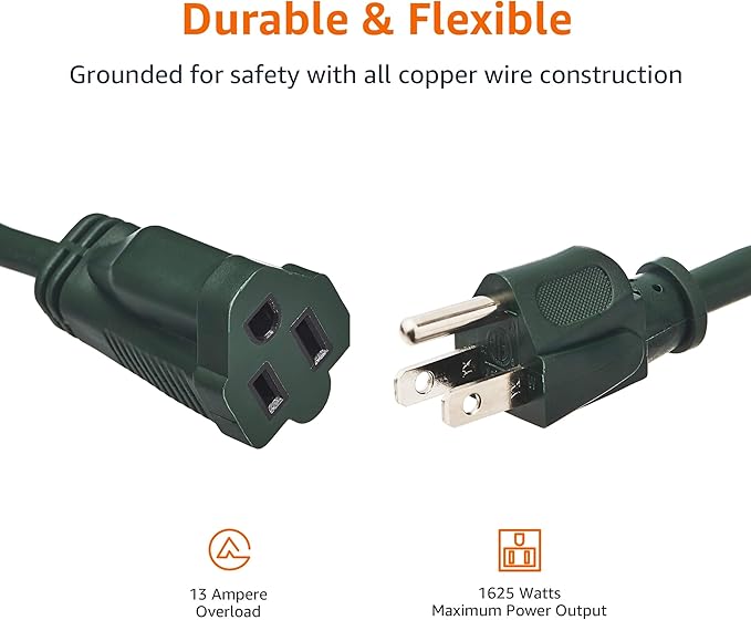 Amazon Basics 50-Foot 3-Prong Indoor/Outdoor Extension Cord, Heavy-Duty, 13 Amps, 1625 Watts, 125 VAC, Green