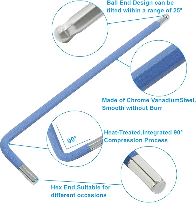 3mm Ball End Allen Wrench Set,25° Angle Metric Allen Wrenches Set,Blue Hex Allen Wrench Pack of 4,Ball End L Key Wrench for Bicycle,Furniture,Equipment