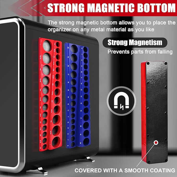 Magnetic Socket Organizer 2-Piece Magnetic Socket Holder 3/8 Inch Drive Metric SAE Trays Tool Storage Set Magnet Rail Holds 56 Sockets for Tool Box Drawer