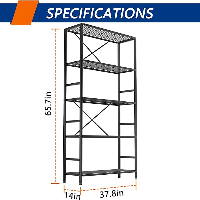 Soywey 5-Tier Heavy Duty Garage Shelving Unit,Standing Storage Shelf,Metal Wire Rack Shelf Suitable for Laundry Rooms,Bathrooms,Kitchen Storage Rooms,Wardrobes(Black,37.8L x 14W x 65.7H)