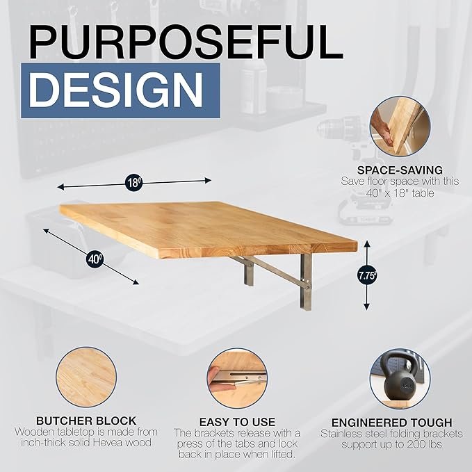 StoreYourBoard Wakefield Fold Away Wall Mounted Work Bench, Butcher Block Hardwood Table, 40 in. x 18 in. Folding Work Area, Supports up to 200 lbs