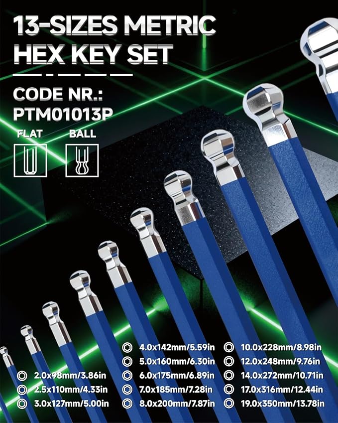 13-Piece Large Allen Wrench Set, Long Arm Ball End Hex Key Set, Metric 2mm-19mm Sizes, S2 Alloy Steel, Anti-Rust for Mechanic, Car & DIY, PTM01013P