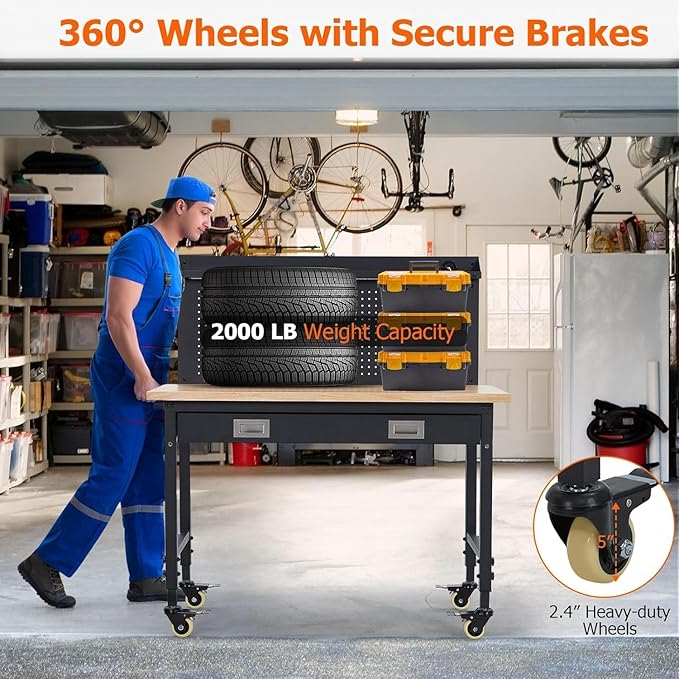 Workbench 48 x 24 Adjustable Height Worktable, Heavy Duty Rubber Wood Top, 2000 LBS Load Capacity, Tool Storage Workstation with Drawer, Pegboard, Power Outlets & Lockable Wheels, with Drawer Back