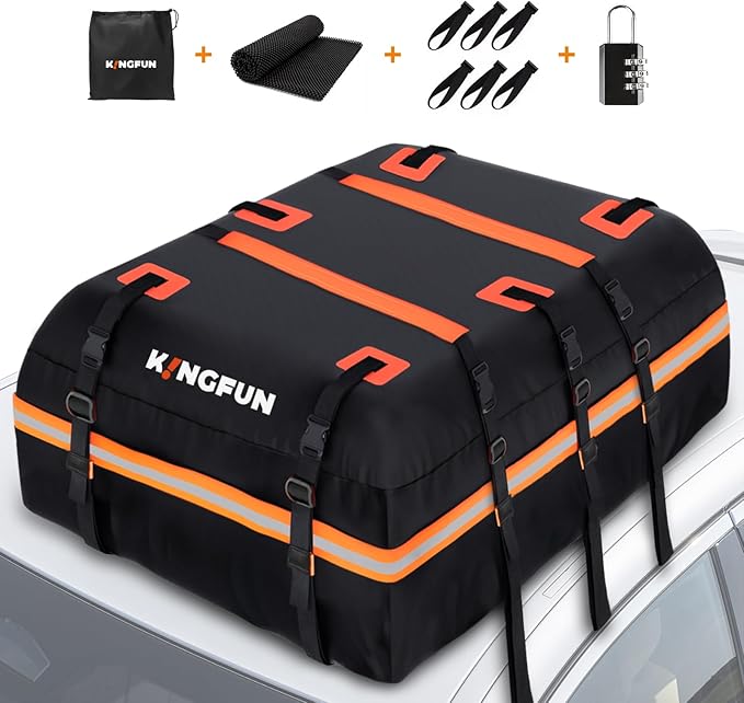 Kingfun Car Rooftop Cargo Carrier – Waterproof 15 Cubic Feet Car Roof Bag Fit All Vehicles with/Without Roof Racks, Includes Anti-Slip Mat, 8 Reinforced Straps & 6 Door Hooks, Luggage Locks