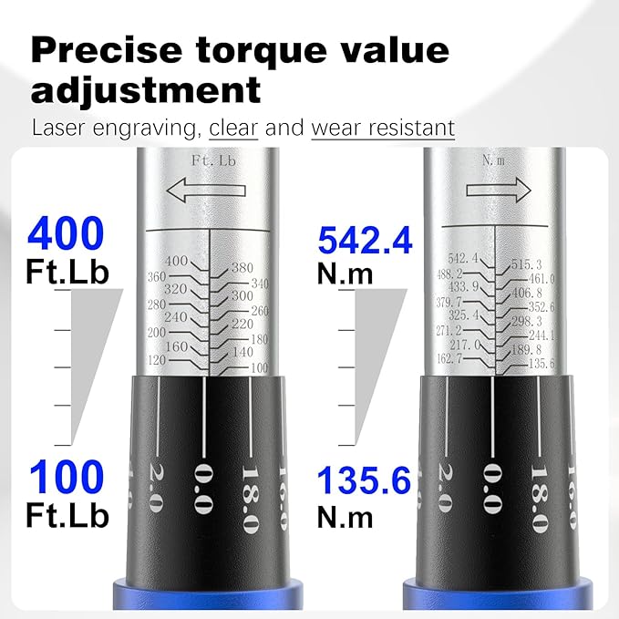 3/4'' inch drive 100-400 ft lb/136-542N.M Torque Wrench/Aluminum Alloy handle & Cr-Mo Material Head, Heavy Duty, Professional,Dual Direction, Store in Solid Case