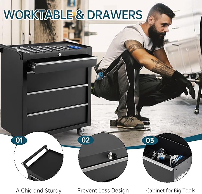 GarveeLife 4-Drawer Tool Box 24" Garage Tool Box with Key Lock and Removable Drawer Liners, Wheeled Design, Suitable for Garages, Warehouses, Workshops, and Repair Shops - Black