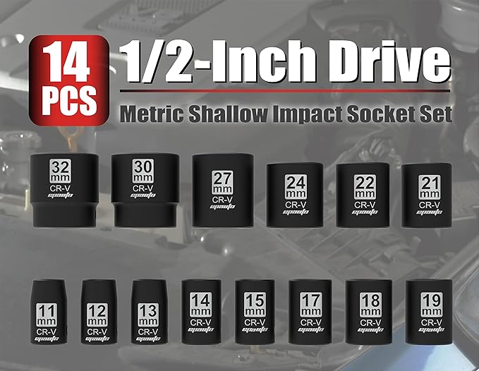 EPAuto 1/2-Inch Drive Click Torque Wrench 1/2-Inch Drive Metric Shallow Impact Socket Set, Cr-V