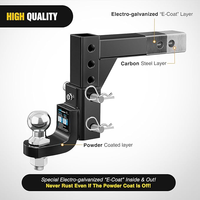 Nilight 8-Position Adjustable Trailer Hitch Ball Mount with 2 inch Ball Fits 2 Inch Receiver with 5/8" Pin Lock 7500 lbs, 9-1/2" Drop, 8-1/4" Rise Hitch for Trailers Boats Pickups RV