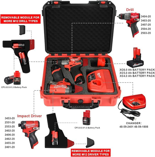 Case for Milwaukee M12 Impact Driver & Drill Set - Tool Box for Milwaukee Fuel Tools Combo Kit, Tool Bag for Drill/Impact Driver/Battery & Charger (Case Only) (Black & Red)