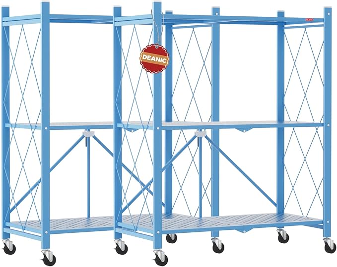 DEANIC 3 Tier Foldable Storage Shelves with Wheels, Kitchen Appliance Stand, Freestanding Metal Wire Shelf Rack, No Assembly Organizer Rolling Cart for Garage, Basement, Pantry(Blue Pack of 2)
