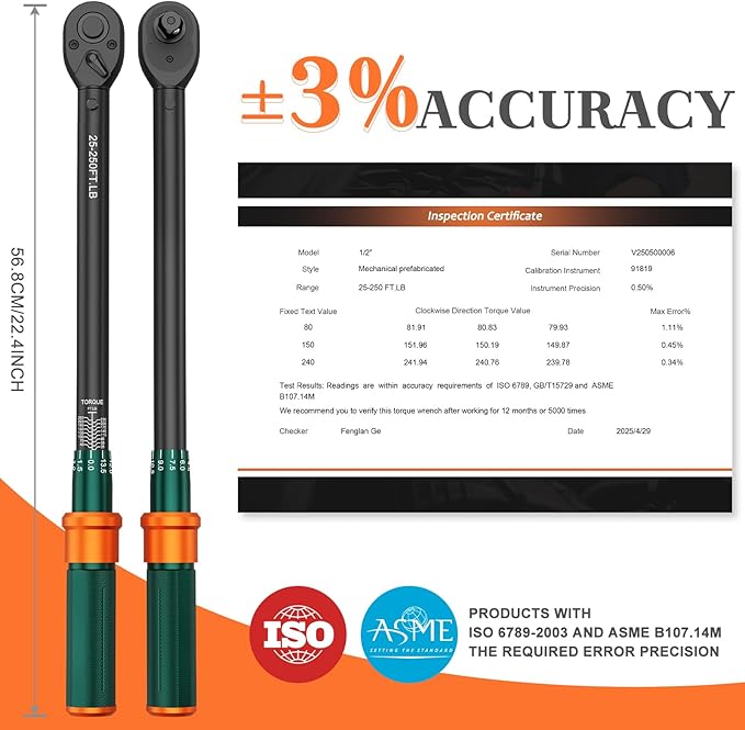 1/2 Drive Torque Wrench, 25-250 Ft-lb, ±3% High Accuracy Click Torque Wrench with 72-Tooth Dual-Direction Head for Tire Change, Lug Nuts, Automotive and Heavy Equipment Maintenance