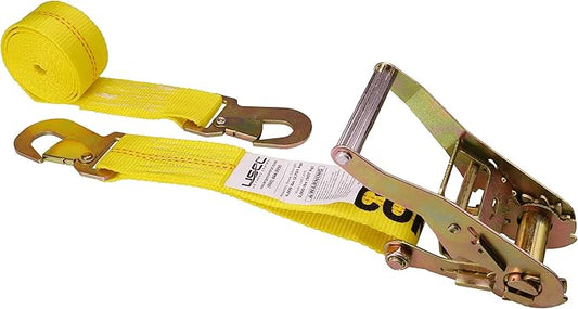 US Cargo Control Ratchet Straps with Snap Hooks, 2 Inch x 8 Foot, 6,000 LBS Break Strength, Car Tie Down Straps for Trailers, Yellow 2 Inch Ratchet Straps with Locking Hooks