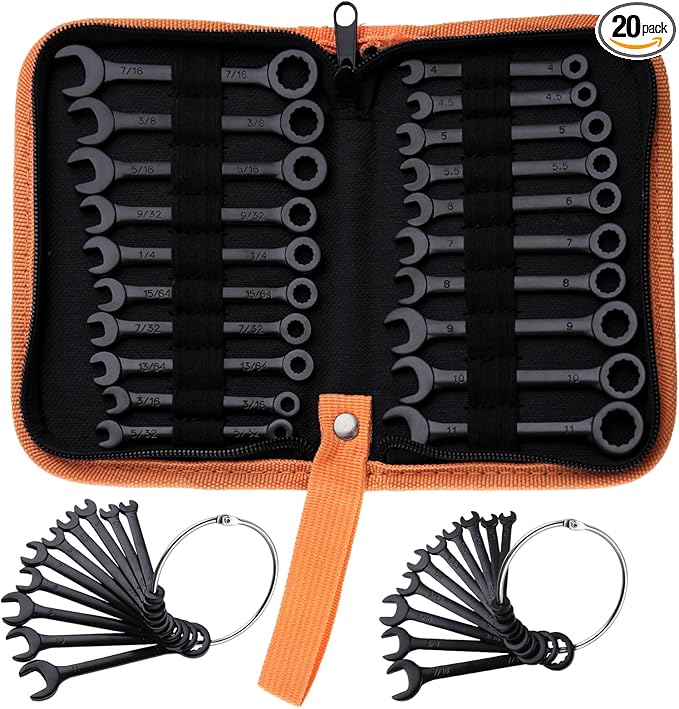 Mini Wrench Set Metric and SAE 20-Piece Ignition Wrench Set, 4mm-11mm & 5/32"-7/16" Open End and Box End Combination Wrench Kit Super Thin Small Spanner with Zipper Bag and Key Ring, Black