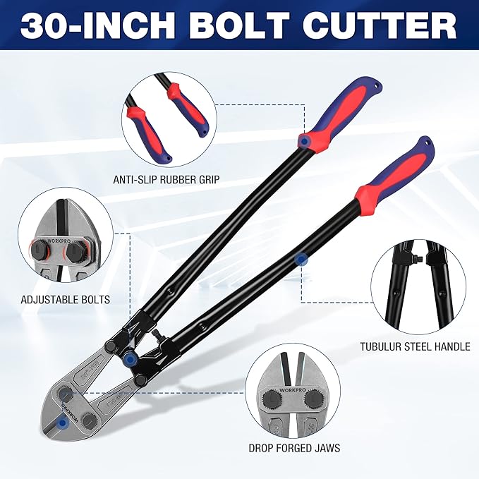 WORKPRO W017007A Bolt Cutter, Bi-Material Handle with Soft Rubber Grip, 30" & Spec Ops SPEC-D30PRY Tools 30" Wrecking Crowbar, Pry Bar Ends with Teardrop Nail Puller, High-Carbon Steel