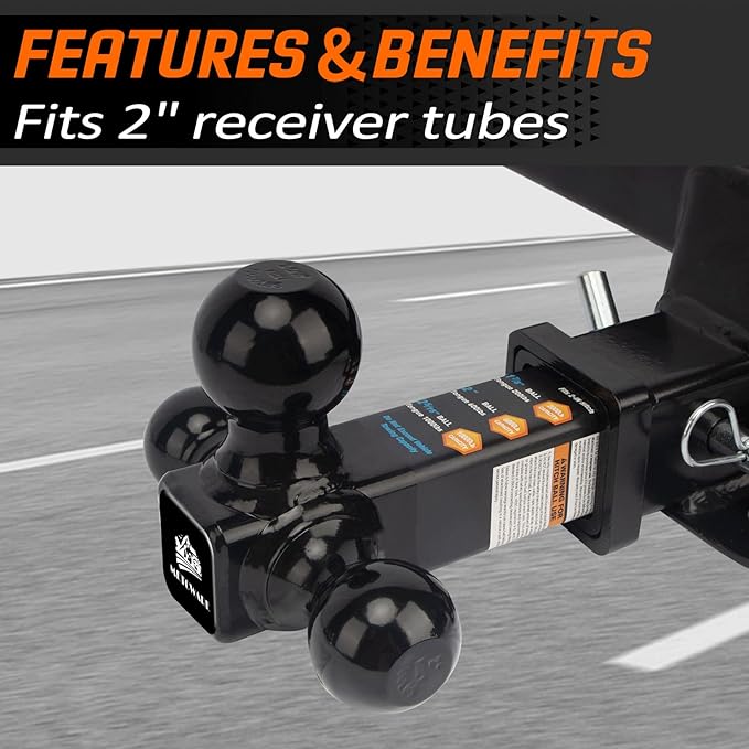METOWARE Trailer Hitch Tri Ball Mount with 5/8" Hitch Pin, 1-7/8 Inch, 2 Inch and 2-5/16 Inch Tri Ball Hitch Fit 2 Inch Receiver, Hollow Shank Tow Hitch, Black