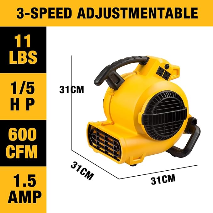 DEWALT Portable Air Mover, ‎276W 3 Speed Floor Fan, Utility Blower Fan, 1/5 HP 600 CFM Floor Dryer, Carpet Dryer, Floor Fan, Blower, for Janitorial, Home, Commercial Use, DXAM-2260