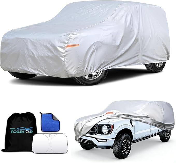 Car Cover Waterproof All-Weather,Heavy-Duty Outdoor Full Exterior Automobiles Snow Cover for Truck Cover with Camper Shell Topper 242 to 262 inch,with Sun Visor,Towel&Storage Bag