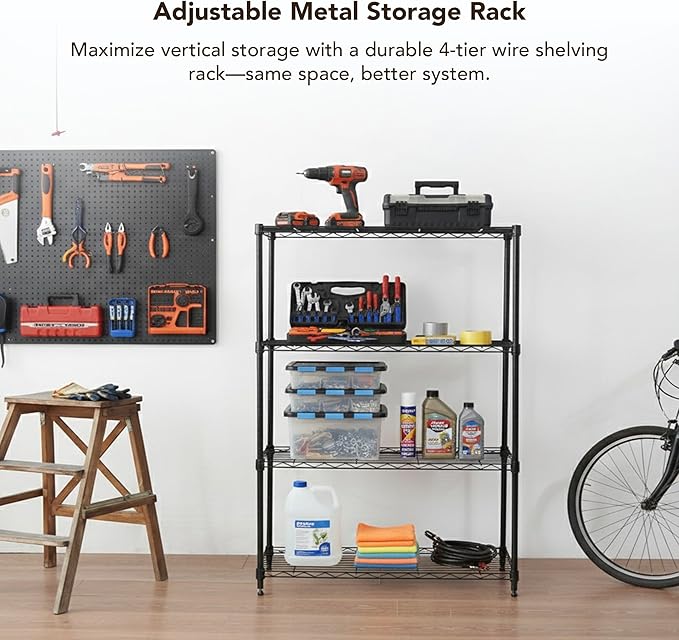 Displays By Jack 4 Tier Wire Shelving Unit Storage Rack, Metal Heavy Duty Utility Organization Units for Products Plant Standing Shelf, Pantry, Garage, Shelf Stand, Black, 14" W x 30" L X 48" H