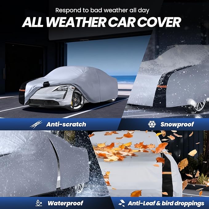 Car Cover Waterproof All Weather, 10 Layers Outdoor Car Covers for Automobiles - Custom Fit Lincoln Continental, Porsche Taycan, Buick Regal, etc. Sun & Rain Protector. C5 (See Size Chart)