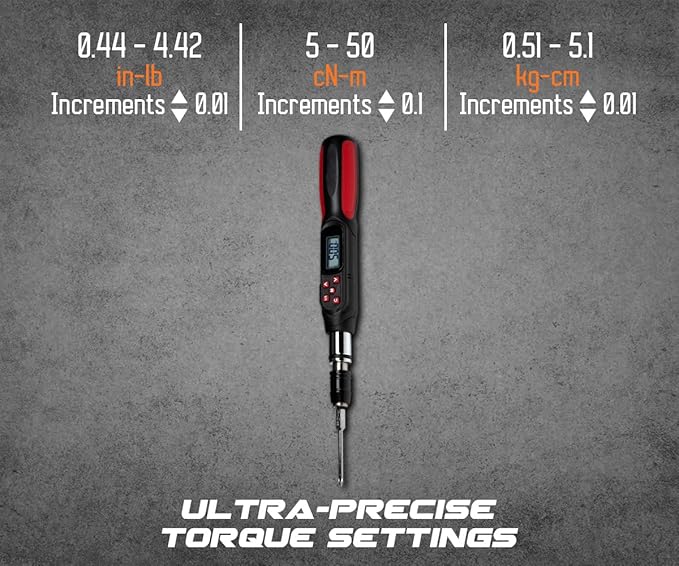Tapha Tools Digital Torque Screwdriver 0.44-4.42 in-lbs (5-50 cN-m / 0.51-5.1 kg-cm) Torque Range, Accurate to ±2% Dual Direction, LED and Buzzer Notification, Preset Memory (SPN-T05BN)