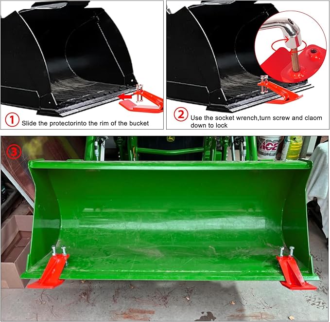 Tractor Bucket Protector, EBESTTECH 2 PCS Bucket Edge Anti-Skid Device Ski Edge Protector Double Hexagon Lock Nuts and Bolts,for Snow Leaves Removal Spreading Gravel,Red