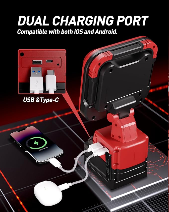 EEFOW Work Light for Milwaukee m18: 9500LM Cordless Led Lights for 18v Battery, 90W Portable 140° Rotate Flood Flashlight with USB & Type C Charge Smart Protect Battery for Indoor Outdoor Lighting