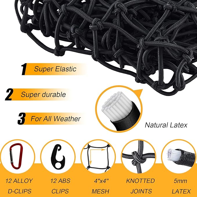 GSPSCN Cargo Net 6' x 4' for Truck Pickup Bed, Trailer,Boat,RV SUV Stretches to 12'x18' Max Roof Rack Net,Small 4”x4” Mesh Heavy Duty Bungee Cord Netting Compatible with Dodge Ram,Chevy Ford,Toyota