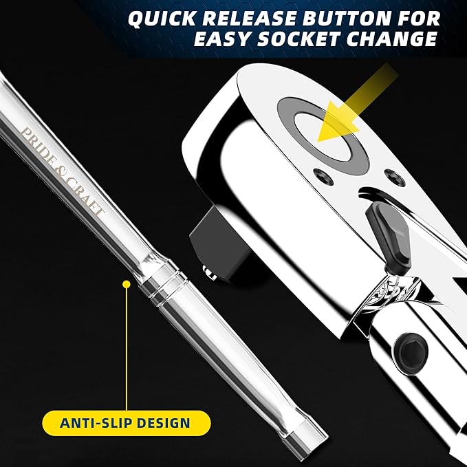 PRIDE&CRAFT 1/4" Drive Flex Head Ratchet 72-Tooth, Socket Wrench Quick Release Reversible Design, Swivel Head Ratchet, Chrome Alloy Made, EVA Organizer