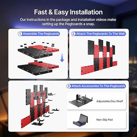 PEGZONE 14 PCS Controller and Headphone Holder Wall Mount, Modular Gaming Pegboard with Accessories, Video Game Storage, Disc Shelf, 14pcs Pegboard, Black & Red