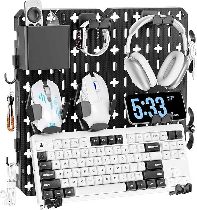 KDD Keyboard and Mouse Display Stand Holder, Wall Mount Office Organization Pegboard Combination Kit with Pen holder, Hooks, Headset & Controller Stand for Office & Home Hanging Organizer Storage