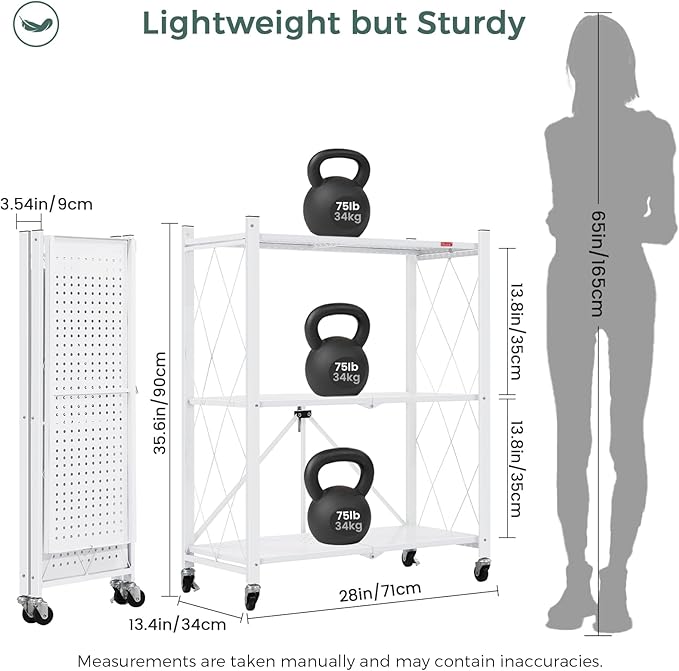 DEANIC 3 Tier Foldable Storage Shelves with Wheels, Large Capacity Shelving Unit, Freestanding Metal Wire Shelf Rack, No Assembly Organizer Rack for Garage Kitchen, Basement, Pantry(White Pack of 2)