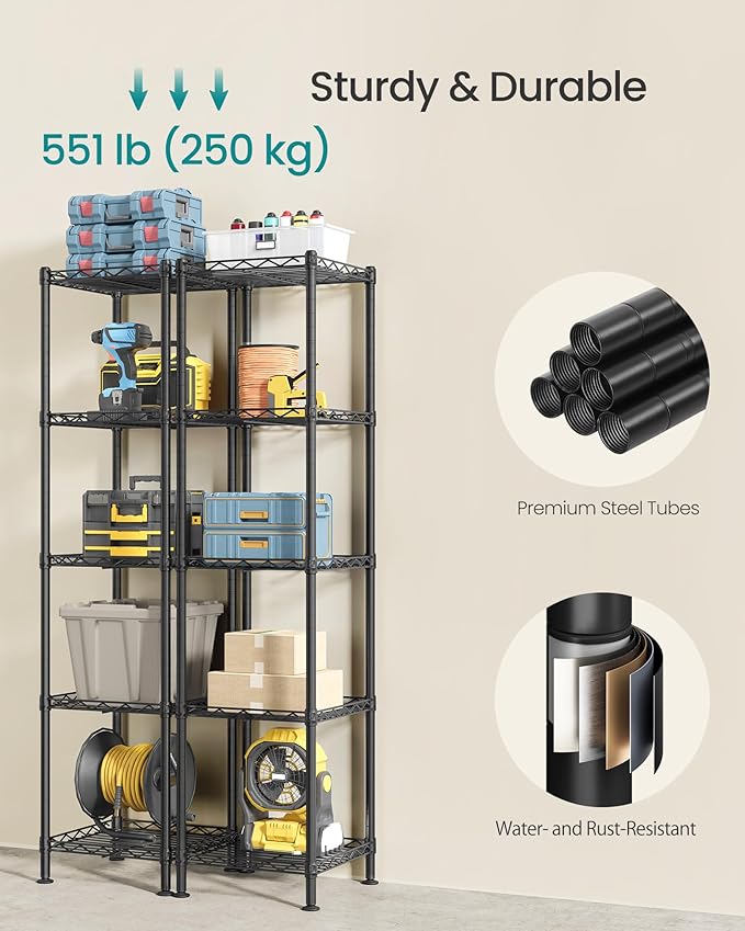 SONGMICS Storage Shelf, Small Metal Wire Shelving Unit, Adjustable Shelves, for Small Spaces, Garage, Bedroom, Living Room, Kitchen, Pantry, 5 Tier, 11.8 x 11.8 x 47.6 Inches, Ink Black ULGR123BH01