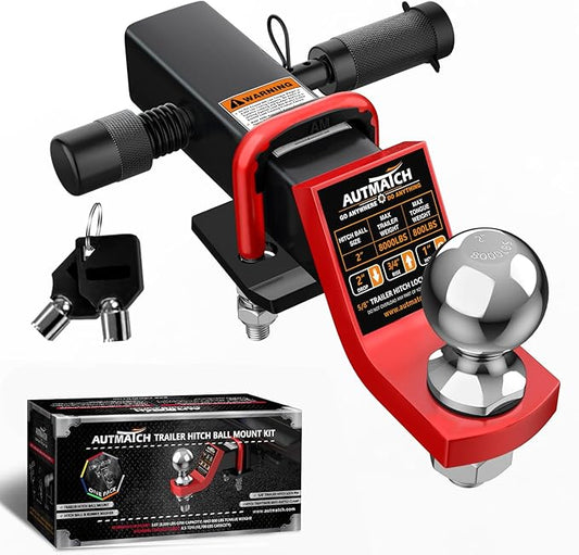 AUTMATCH Trailer Hitch Ball Mount with 2 Inch Hitch Ball - Fits 2" Receiver with Hitch Tightener, 8000Lbs Capacity Ball Hitch, 2-Inch Drop with 5/8" Hitch Lock Pin, Red & Black