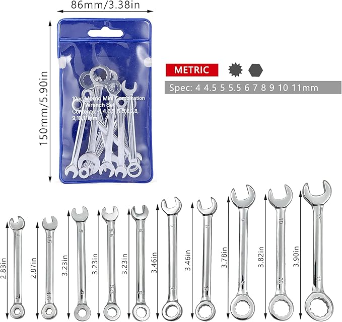Mini Wrench Set Open End Wrench Combination Wrench Sets With Chain Ring Metric Type Wrenches (10pcs)
