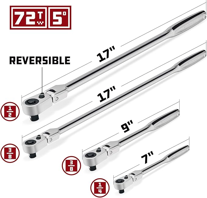Powerbuilt 4 Piece Pro Tech Long Reach Flex Head Ratchet Set, 72-Tooth, 180° Flex Head, Contoured Grip Handles, 1/4" Dr. x 7", 3/8" Dr. x 9" & 17", 1/2" Dr. x 17" - 240238