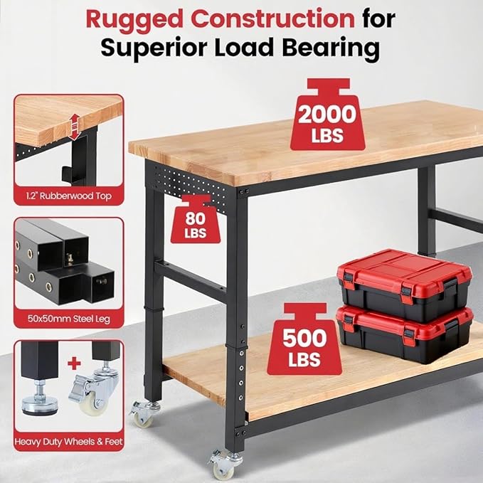 ENJOYWOOD 60" x 22" Rolling Workbench Adjustable Height Work Table with Wheels, Under Table Shelf, Pegboard & Power Outlets Heavy Duty Rubberwood Top for Garage, Office & Home
