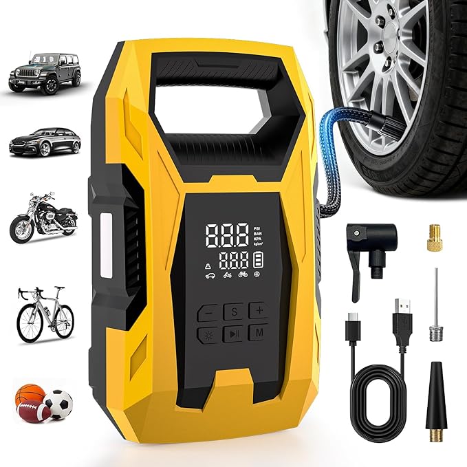 CARSUN Cordless Tire Inflator Portable Air Compressor, 150 PSI Portable Air Pump for Car Tires with Digital Dual Values Display, Tire Pump for Car, Bike, Motorcycle, Ball (with 7800mAh Battery)