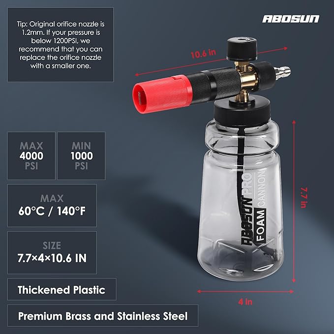 Foam Cannon for Pressure Washer with Wide Mouth, Adjustable Snow Foam Lance for Car Wash, 1/4" Quick Connect, 5 Nozzle Tips, Extra 1.1mm Orifice for Thick Foam
