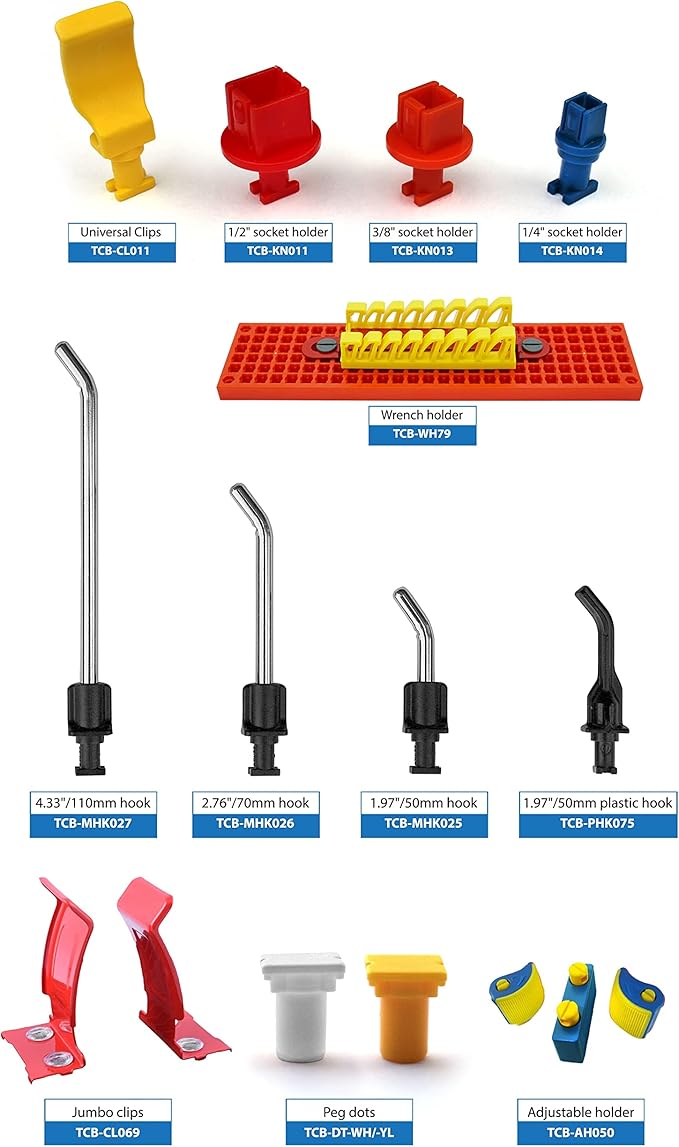 Universal Clips & Socket Holders (50 pcs) - Accessories for Organizer Genie Pegboards to Organize Tools, Mix Pack of Universal Clips and Assorted Socket Holders