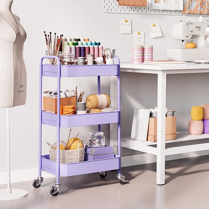 TOOLF 3-Tier Rolling Cart - Metal Utility Storage Organizer with Lockable Wheels, 33 lbs Per Shelf, Tool-Free 5-Min Assembly, for Kitchen Bathroom Office Nursery Craft Room, Purple