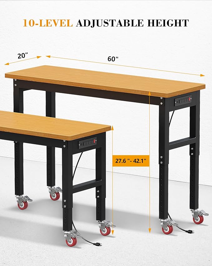 60" Heavy Duty Workbench with Wheels, 2200 LBS Capacity Height Adjustable Work Bench for Garage Bamboo Wood Work Table Work Station with Power Outlet & Pegboard for Garage, Office, Workshop