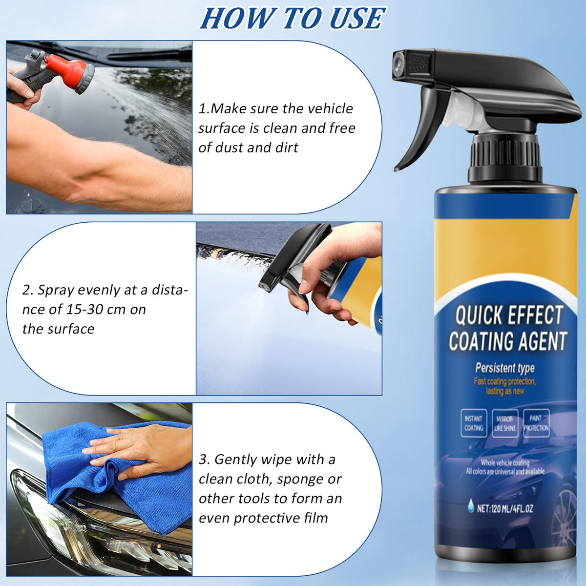 Car Coating Spray,New Quick Effect Coating Agent Spray,Quickly Coat Car Wax,Car Scratch Wax Polish Sprays Waterless Wash,Oil Film Emulsion Glass Cleaner with Sponge and Cloth,4FT.OZ (2PCS)