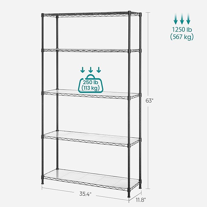 SONGMICS 5-Tier Storage Shelves, Wire Shelving Unit, Kitchen Metal Shelves, Storage Rack with Adjustable Shelves, Shelf Liners, 8 Hooks, for Garage, 11.8 x 35.4 x 63 Inches, Black ULGR095B01