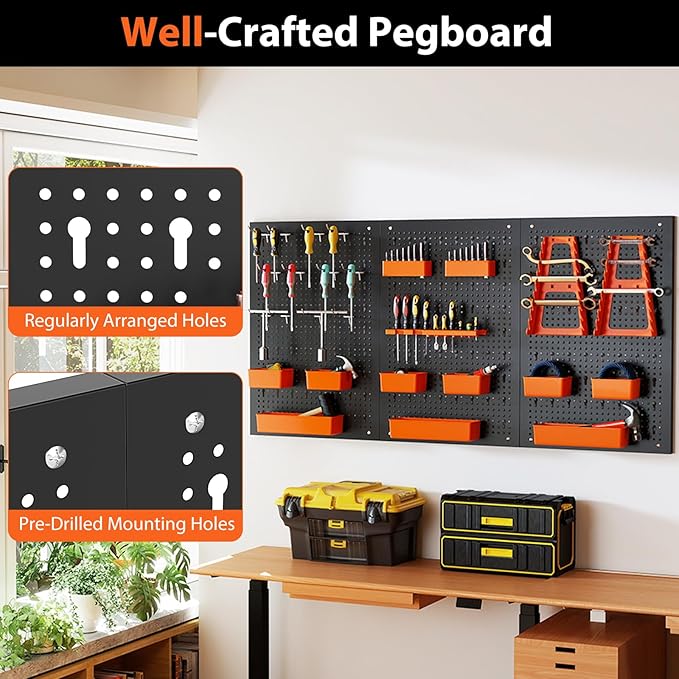 Goplus Pegboard Wall Organizer, 9-Bin Parts Rack Organizer w/Hammer Racks, Tool Holders & Hooks, Heavy-Duty Utility Tool Storage Board w/Accessories for Garage, Workshop, Craft Room